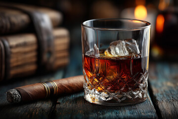Szklanka whisky z lodem i cygarem, leżące na drewnianym stole. W tle rozmyte, ciepłe światła. Symbol relaksu i elegancji.