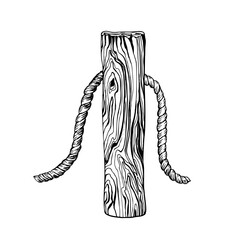 A wooden mooring post with a coiled rope. Black and white vector illustration capturing a nautical, rustic marine theme. Sketch isolated on white. Ideal for seaside or coastal design elements.