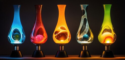 Colorful lava lamps, glowing in various shades