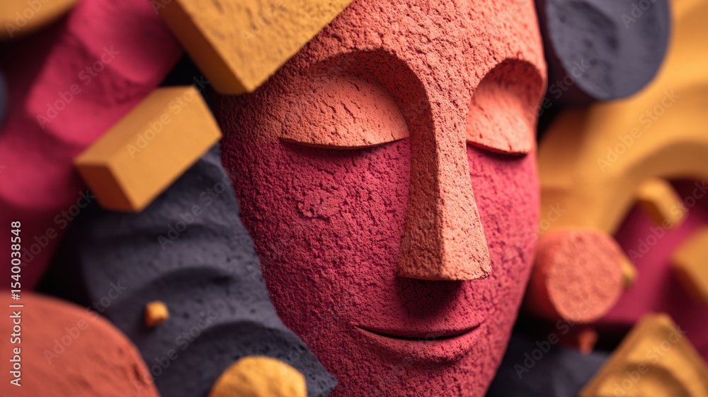 Poster Smiling Clay Face Surrounded by Floating Abstract Shapes in a Minimal Space, Capturing Warmth and Creativity in Detail