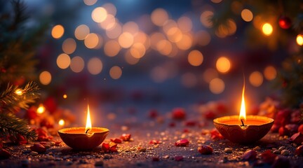 Warm diwali diya lamps with bokeh lights festive celebration of indian traditions and culture, jpg.
