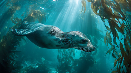 Obraz premium 海中を泳ぐアシカ