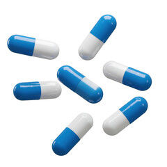 Blue and white capsules falling isolated on transparent background