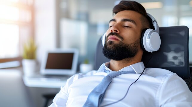 A man sitting in a contemporary office is enjoying music with closed eyes, taking a break during work hours