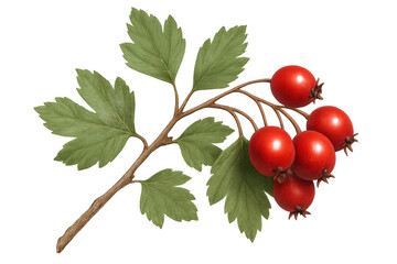 Hawthorn sprig bearing ripe red berries, green leaves, botanical detail against transparent background
