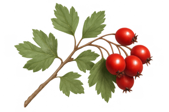 Hawthorn sprig bearing ripe red berries, green leaves, botanical detail against transparent background