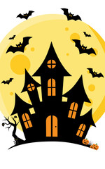 Spooky Halloween Haunted House with Full Moon and Bats Vector