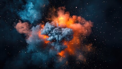 Exploding cloud of blue and orange smoke, sparks against dark