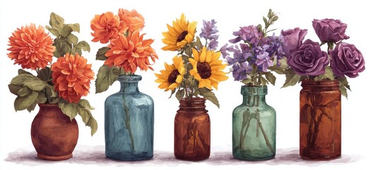 Five vibrant flower bouquets in vintage glass and ceramic vases, arranged in a row against a white background
