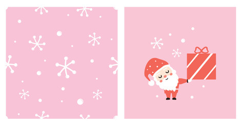 Christmas or New year seamless pattern with cute snowflakes on pink background. Santa Claus cartoon and gift box vector.