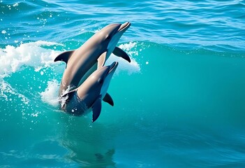 Obraz premium Two dolphins playfully chasing, leaping, and swimming together in ocean waves, ocean, ocean wildlife