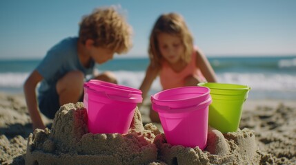 Kids play with colorful buckets while building a sandcastle on a sunny beach near the ocean