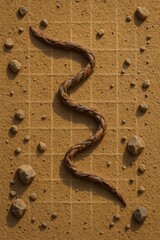 Twisted Plant Fiber Placed on Grid-Textured Clay Cloth with Scattered Stones

