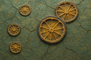 Fototapeta premium Dried Citrus Slices with Fossil Core Engraving on Cracked Blue-Green Earth Surface