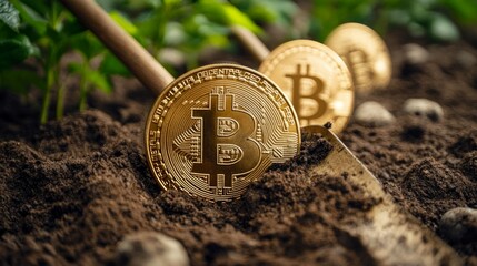 Bitcoin in the ground, useful for financial articles and cryptocurrency news.
