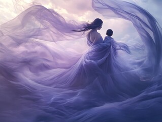 waving lines texture background illustration for web design banner. Abstract fluid waves of fog or smoke with soft glowing light. silhouette of woman and child against an abstract backdrop	