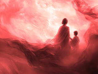 waving lines texture background illustration for web design banner. Abstract fluid waves of fog or smoke with soft glowing light. silhouette of woman and child against an abstract backdrop	