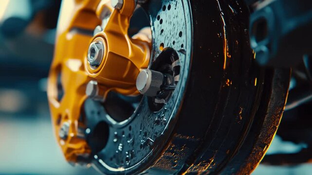 Close-up shot of a bright yellow motorcycle tire.