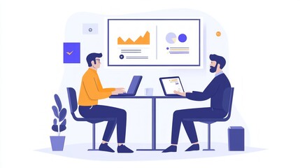 Two people sitting at a table with laptops discussing graphs on the screen. Useful for articles about business meetings and teamwork.