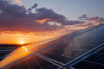 Close-Up of Solar Panels Reflecting Vivid Sunset Sky - Sustainable Power at Dusk