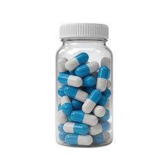 Glass bottle of blue and white capsules isolated on transparent background