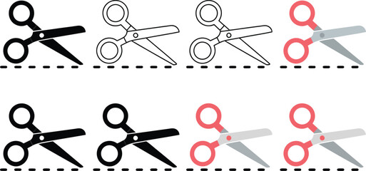 Naklejka premium Collection of Scissors Icons Black, Line Art, and Red Variations with Dashed Lines
