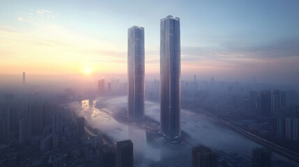 Fototapeta premium Two skyscrapers in fog against a cityscape, useful for articles on architecture and urban development.