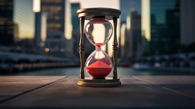 Timeless hourglass in urban skyline at dusk a vintage hourglass sits against a stunning cityscape at sunset perfect for time management and deadline imagery
