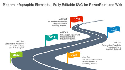 Winding Road Timeline Infographic for PowerPoint – Editable Vector with Year Flags. Fully editable vector SVG file compatible with PowerPoint, Illustrator, and most vector-based applications.