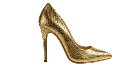 glamorous gold snakeskin stilettos isolated on transparent background