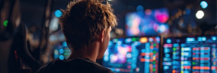Over-the-shoulder View of Esports Gamer Engaging With Betting Interface in a Tournament Setting at Night