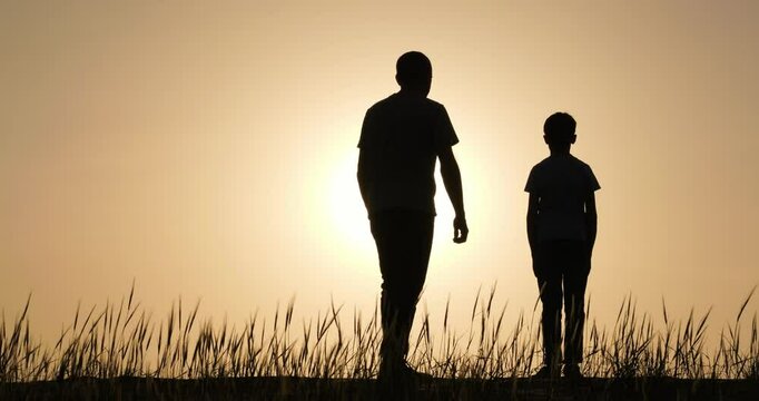 Silhouette man walking towards his son. Silhouette child son standing on hill and watching sunset. Father go his son and hugs him expressing support. Concept father day and support child