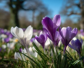 Close-up of vibrant purple and white crocuses blooming in a grassy field, sunlit with blurred trees in the background