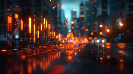 Fototapeta premium Abstract Night Cityscape Glowing Digital Interface Reflected on Wet Asphalt