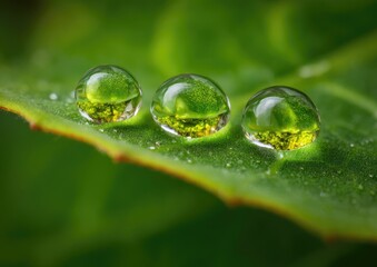 Three perfect water droplets rest on a vibrant green leaf, reflecting the surrounding foliage