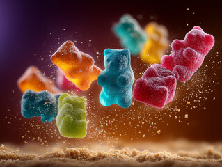 a handful of gummy bears tossed in the air, glowing like candy-colored confetti suspended in the air with splatters or particles, frozen milk drops and flakes in motion