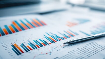 Close-up of financial charts and graphs with a pen resting on the documents, suggesting analysis or review