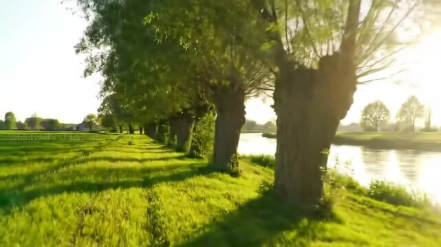 Idyllic Riverbank Scene With Row Of Willow Trees In Spring Time