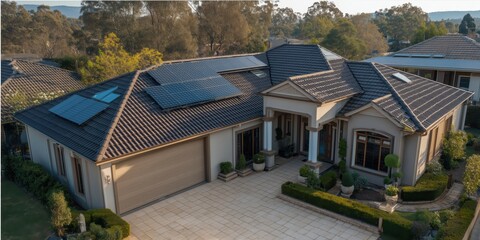 Aerial View of Elegant Villa with Rooftop Solar Panels - Sustainable Living