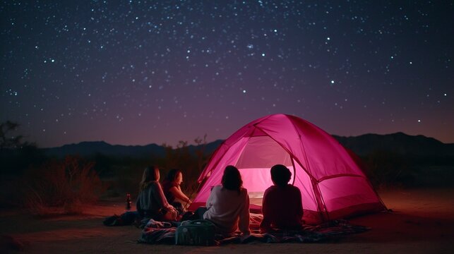 Group of friends camping under a starry sky in a desert landscape during a clear night
