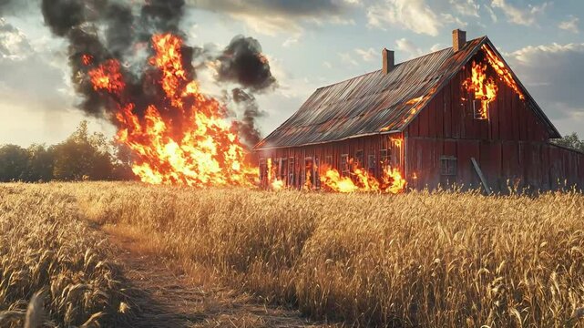 A burning barn in the middle of a wheat field, engulfed in flames and thick smoke, represents a severe fire emergency on a rural farm, with high risk of spreading further.