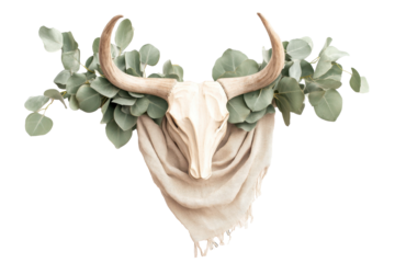 Boho Taurus zodiac icon made with eucalyptus leaves for rustic decor on transparent png