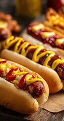Close-up of several hot dogs in soft buns, topped with ketchup and mustard, arranged on a wooden surface