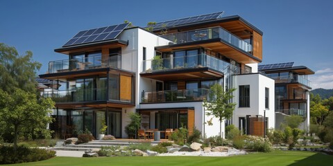 Modern Eco-Friendly Apartment Building with Solar Panels and Green Terraces