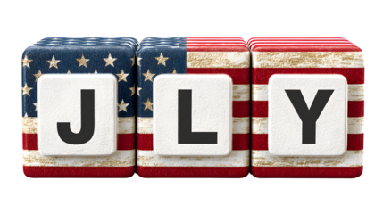 July spelled out with american flag themed blocks against a black background in a studio shot