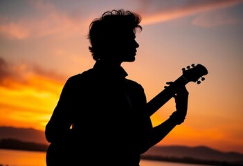 Sunset silhouette, guitar player, elegant pose, twilight, backlit