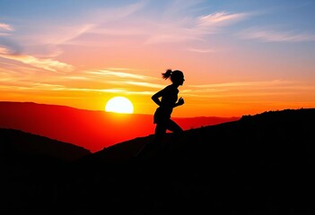 Fototapeta premium Sunset silhouette of runner on hilly landscape, paper cut art style, paper cut landscape, athletic