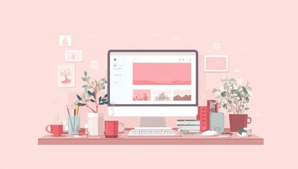 A minimalist workspace with a desktop computer displaying a website design, surrounded by plants, art prints, and stationery on a pale pink desk