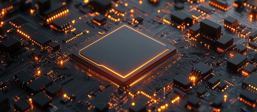 High-tech circuit board with glowing central processor