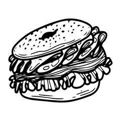 Bagel sandwich. Hand drawn doodle vector. Baked tasty breakfast food. Hamburger ring bread with ham, bacon and lettuce. Confectionery round bun. Bakery cafe menu. Illustration line art element.